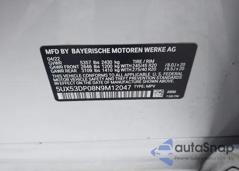 2022 BMW X3 xDrive30I из США, поврежденный, VIN 5UX53DP08N9M12047